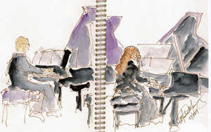 watercolor sketch of Etsuko performing.
