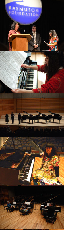 Hagi Hall concert, Etsuko, and Etsuko with friend Paul Krejci at the pianos,DJ KSUA Radio